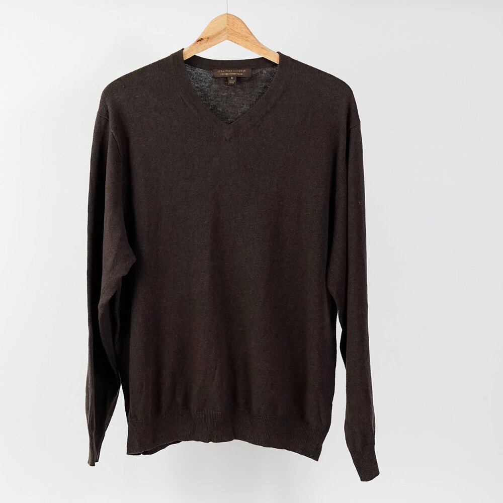 Sebastian Cooper Cashmere Cotton Blend V Neck Sweater, Chocolate Brown, Size M